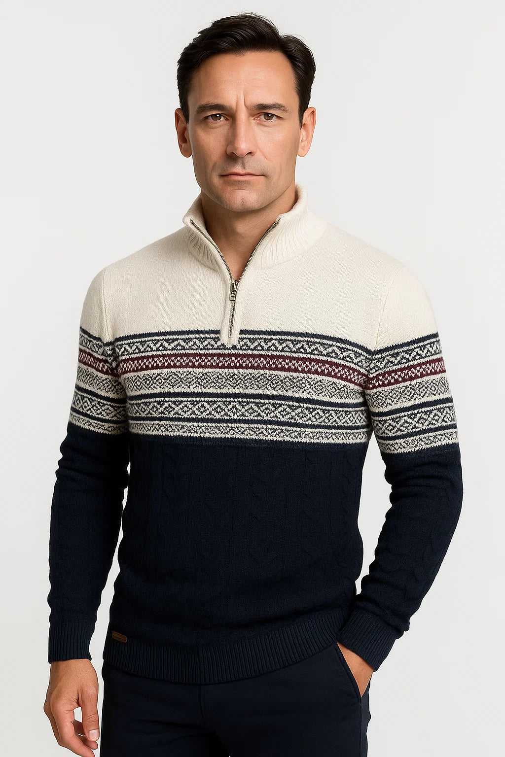 Mens Quarter-Zip Sweater Cotton Blend Fair Isle Pattern Athletic Fit 1