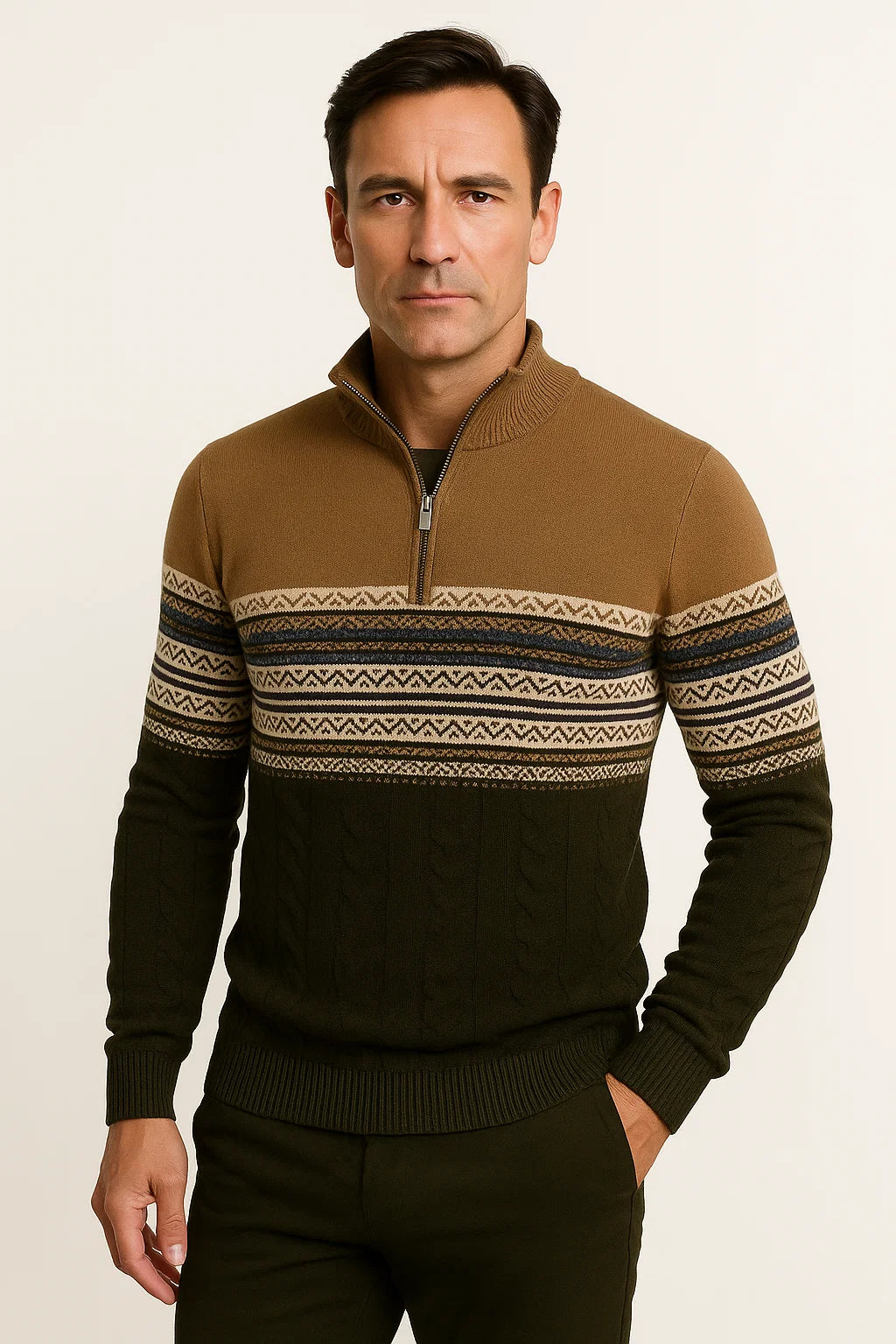 Mens Quarter-Zip Sweater Cotton Blend Fair Isle Pattern Athletic Fit 2