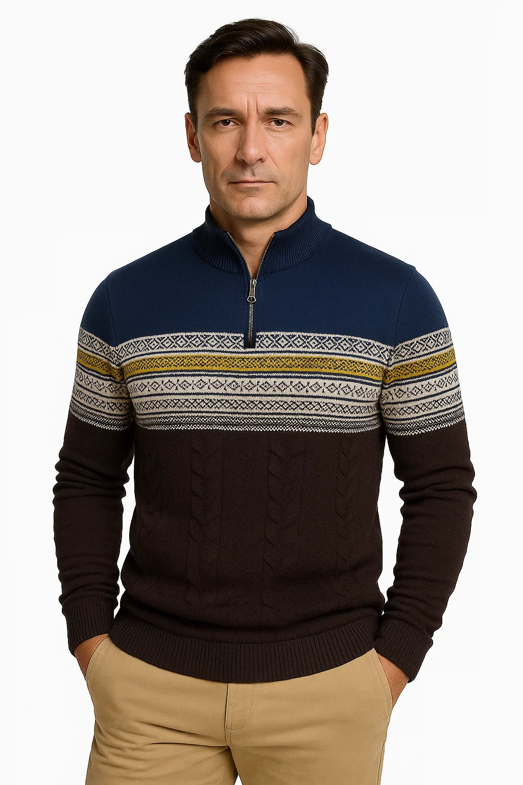 Mens Quarter-Zip Sweater Cotton Blend Fair Isle Pattern Athletic Fit 3