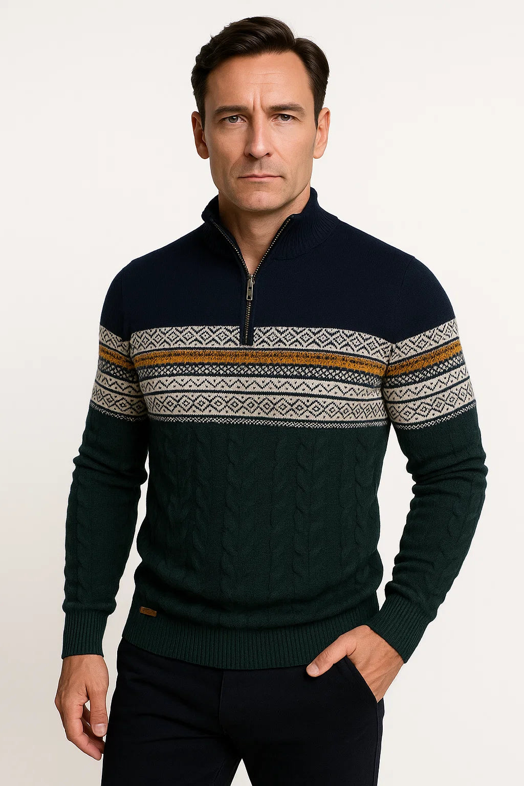 Mens Quarter-Zip Sweater Cotton Blend Fair Isle Pattern Athletic Fit 4