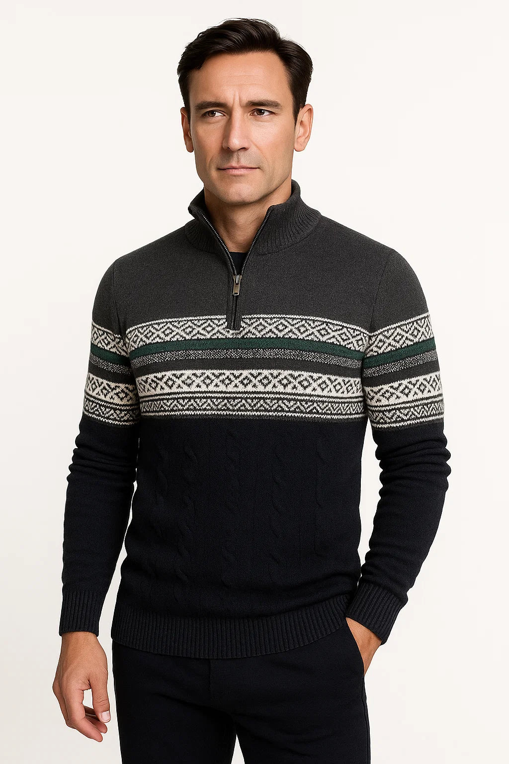Mens Quarter-Zip Sweater Cotton Blend Fair Isle Pattern Athletic Fit 5