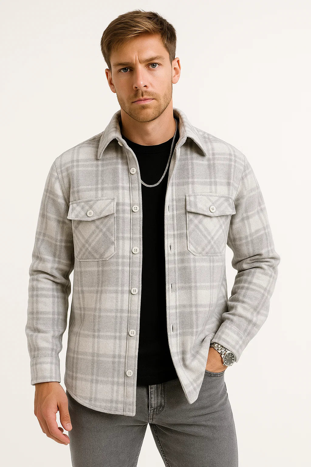 Mens Casual Shirt Cotton-Polyester Blend Long Sleeve Checkered Khaki 1
