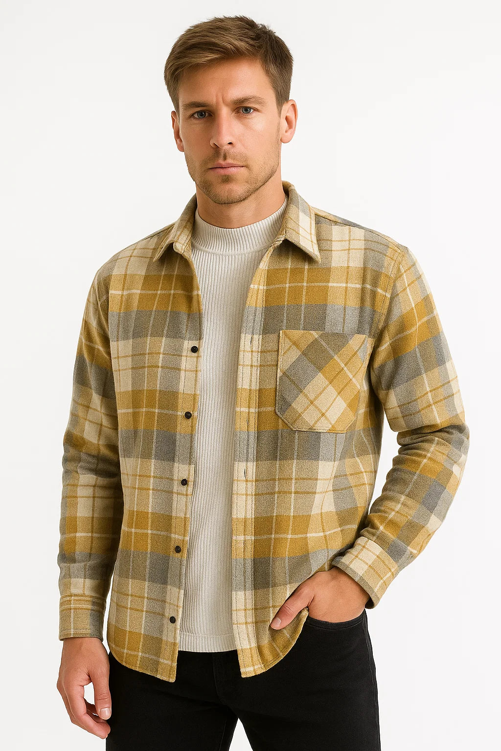 Mens Casual Shirt Cotton-Polyester Blend Long Sleeve Checkered Khaki 2