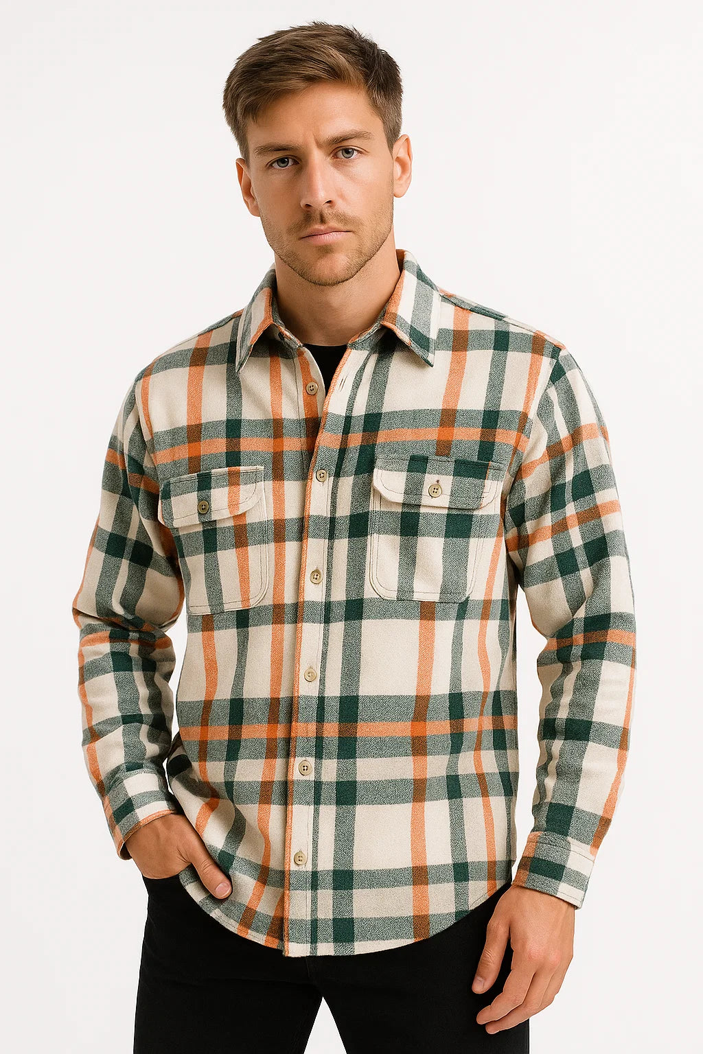 Mens Casual Shirt Cotton-Polyester Blend Long Sleeve Checkered Khaki 3
