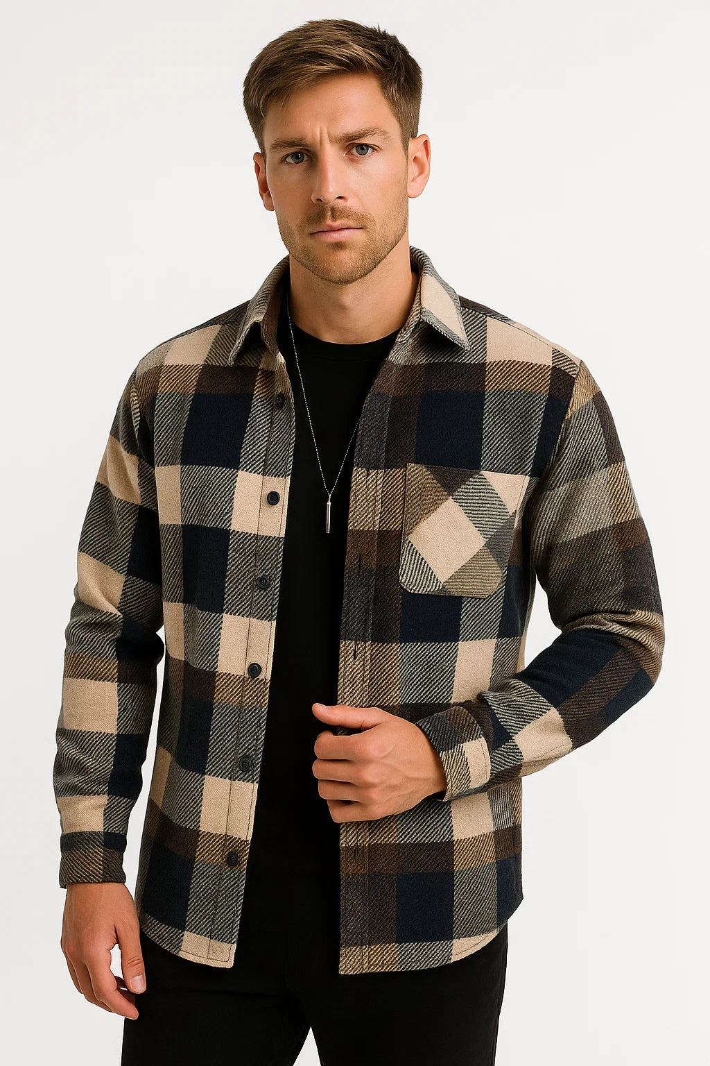 Mens Casual Shirt Cotton-Polyester Blend Long Sleeve Checkered Khaki 4