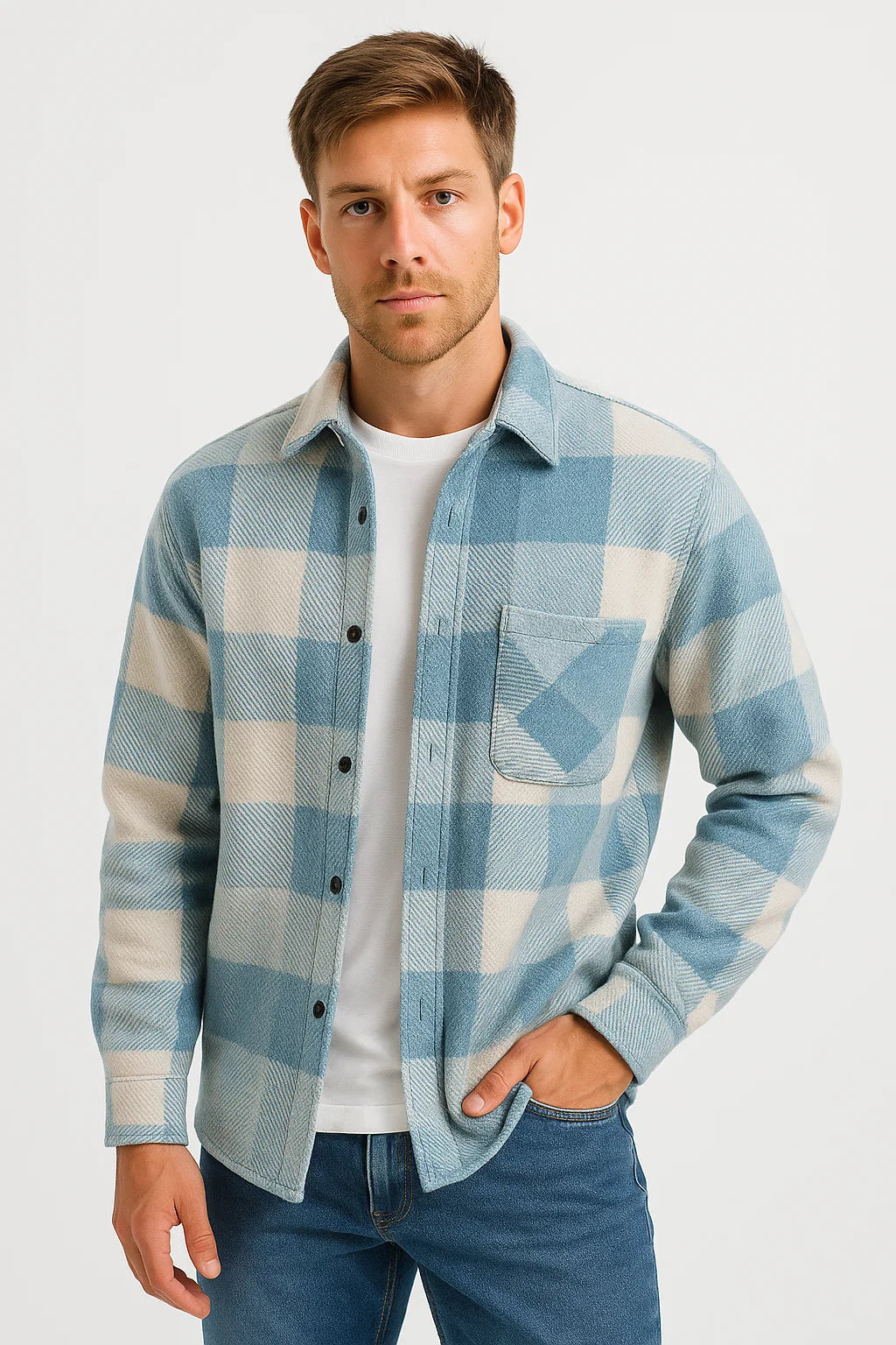 Mens Casual Shirt Cotton-Polyester Blend Long Sleeve Checkered Khaki 5