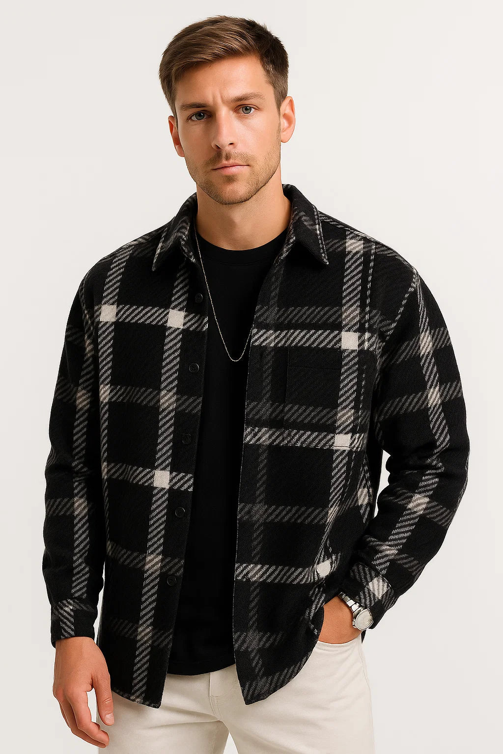 Mens Casual Shirt Cotton-Polyester Blend Long Sleeve Checkered Khaki 6