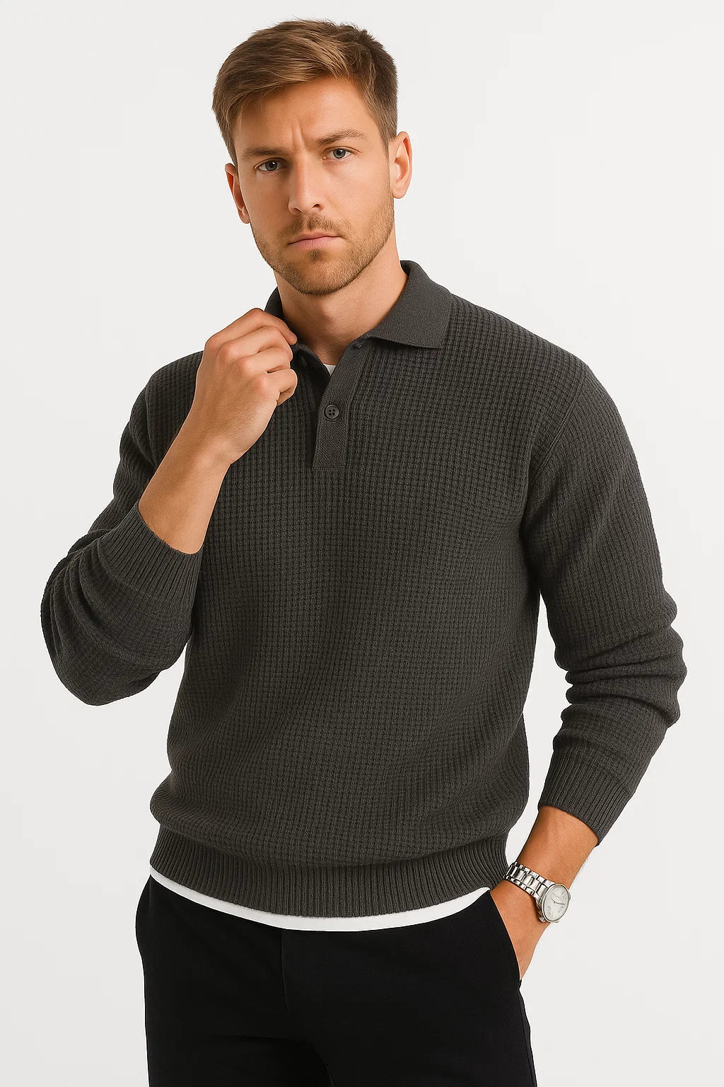 Mens Sweater Grey Acrylic Shirt Collar Long Sleeve Timeless Design Comfortable and Elegant 2