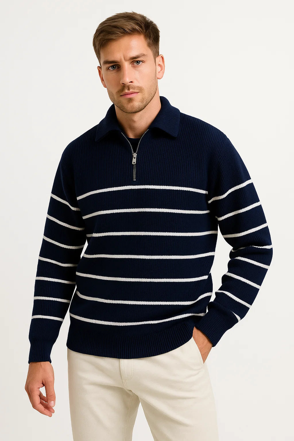 Mens Sweater Striped Lightweight Cotton Casual Quarter Zip Comfortable and Breathable 1