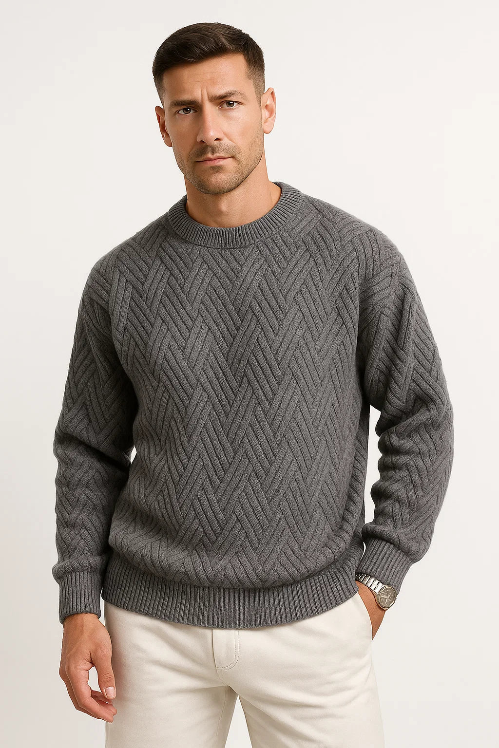 Mens Sweater Grey Knitted Pattern Soft Yarn Relaxed Fit Ribbed Round Neck 1