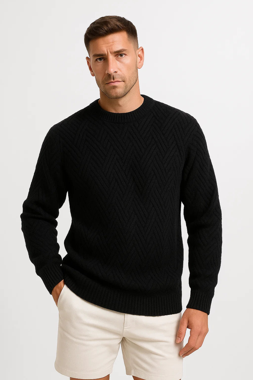 Mens Sweater Grey Knitted Pattern Soft Yarn Relaxed Fit Ribbed Round Neck 2