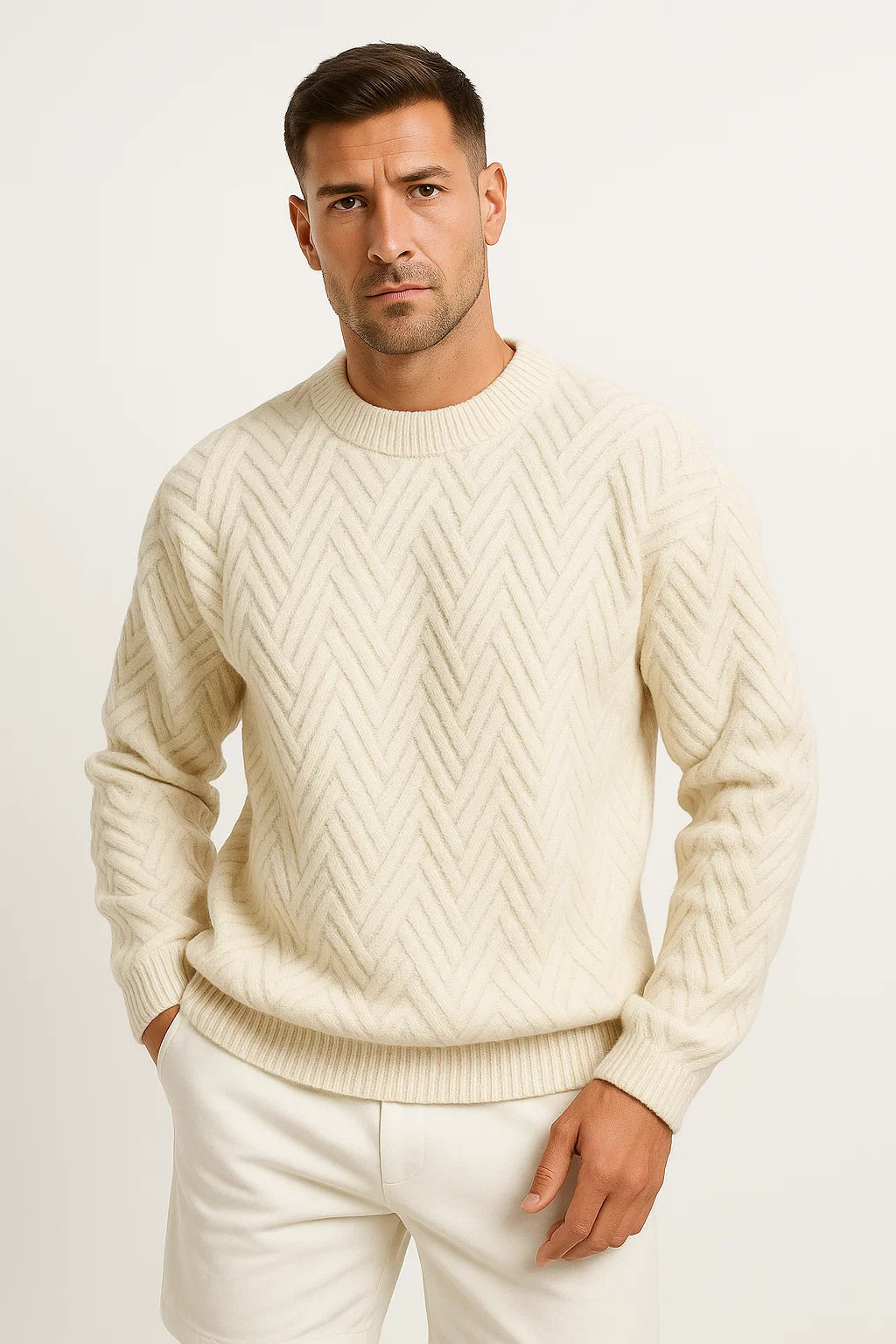 Mens Sweater Grey Knitted Pattern Soft Yarn Relaxed Fit Ribbed Round Neck 3