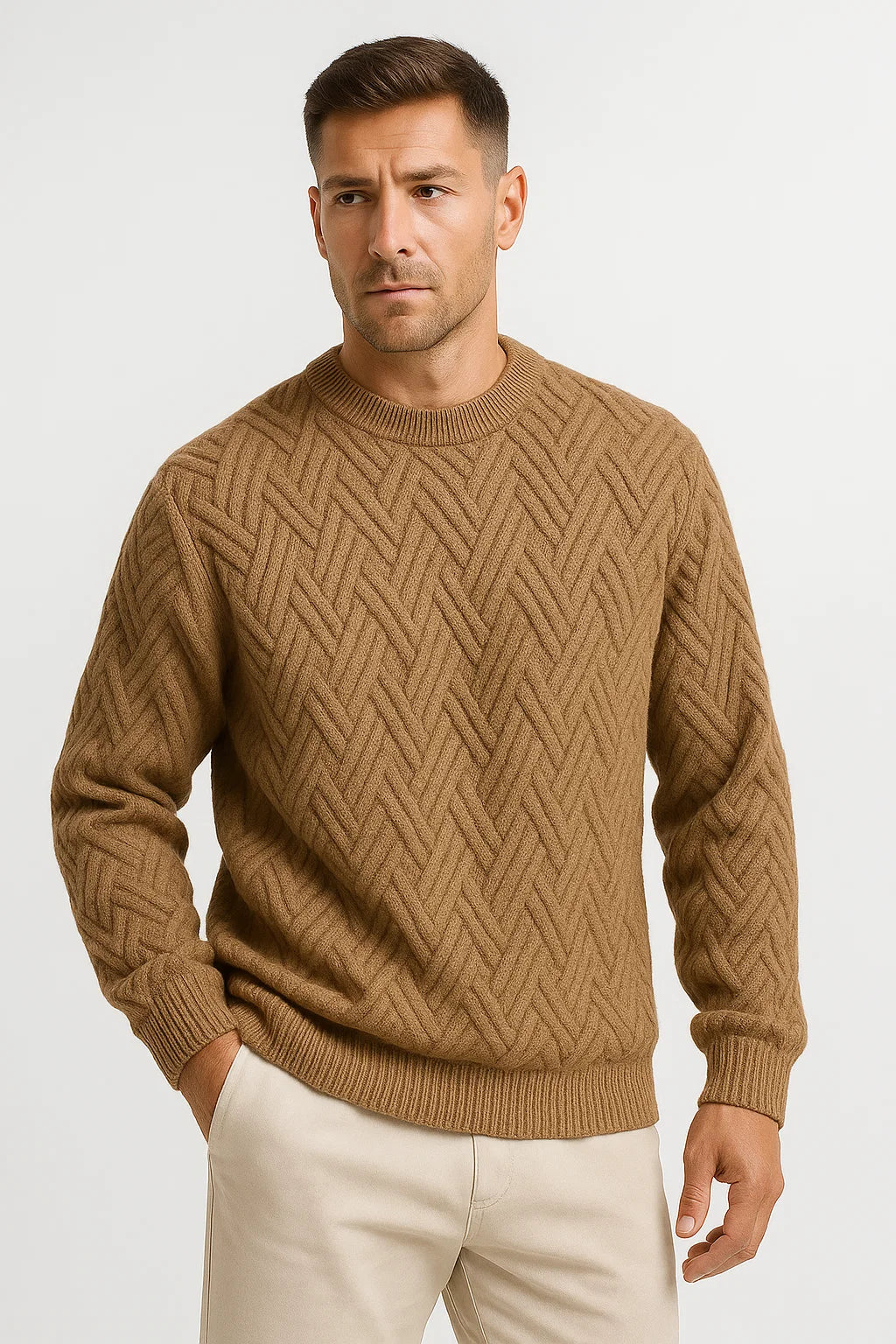 Mens Sweater Grey Knitted Pattern Soft Yarn Relaxed Fit Ribbed Round Neck 4