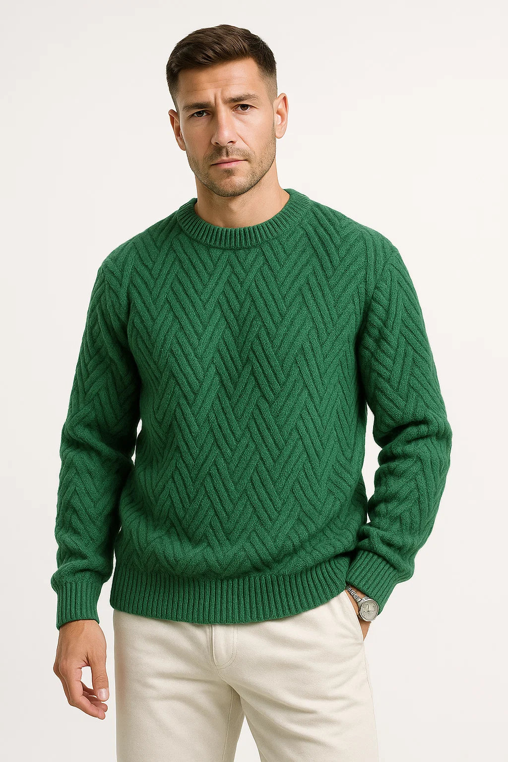 Mens Sweater Grey Knitted Pattern Soft Yarn Relaxed Fit Ribbed Round Neck 5