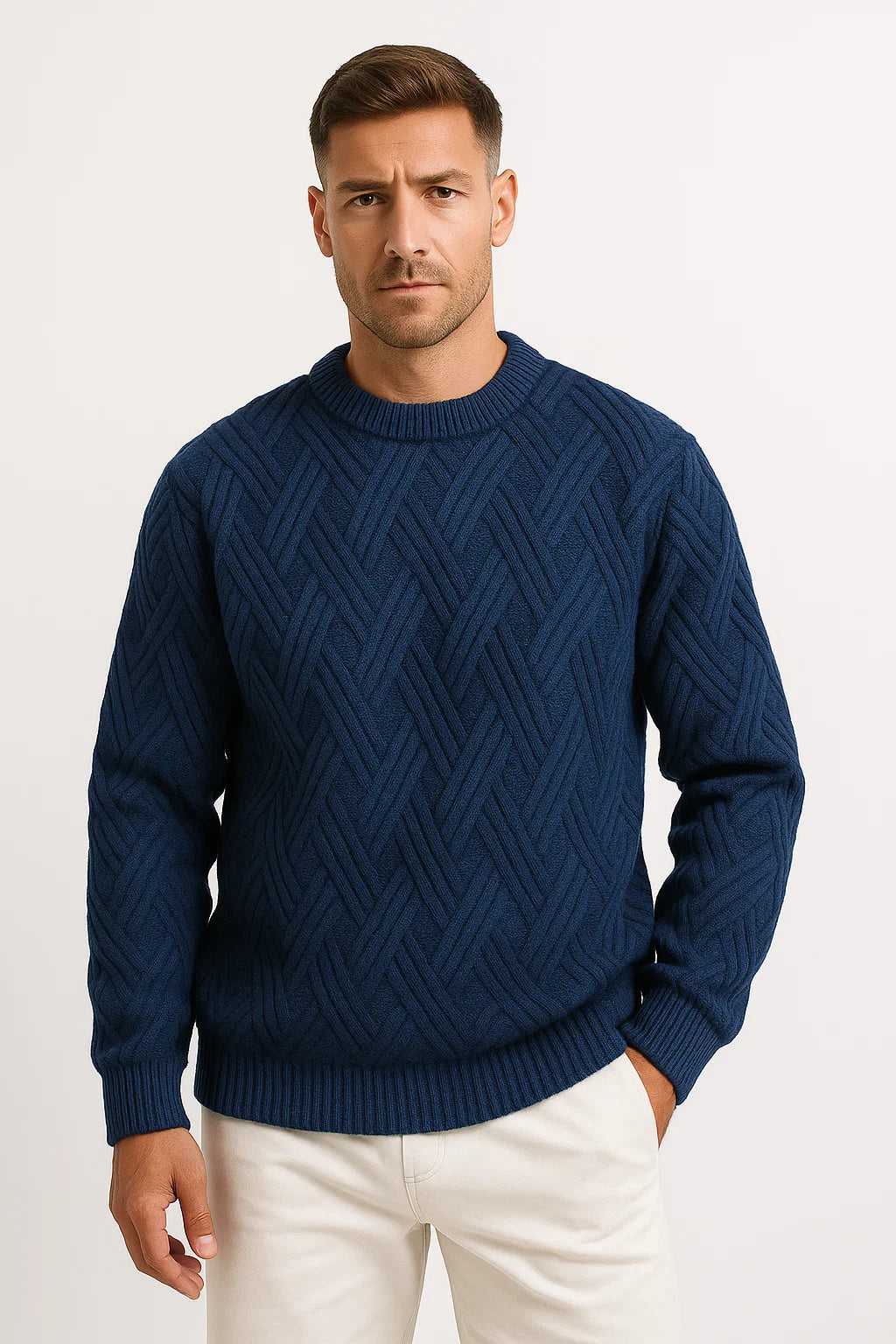 Mens Sweater Grey Knitted Pattern Soft Yarn Relaxed Fit Ribbed Round Neck 6