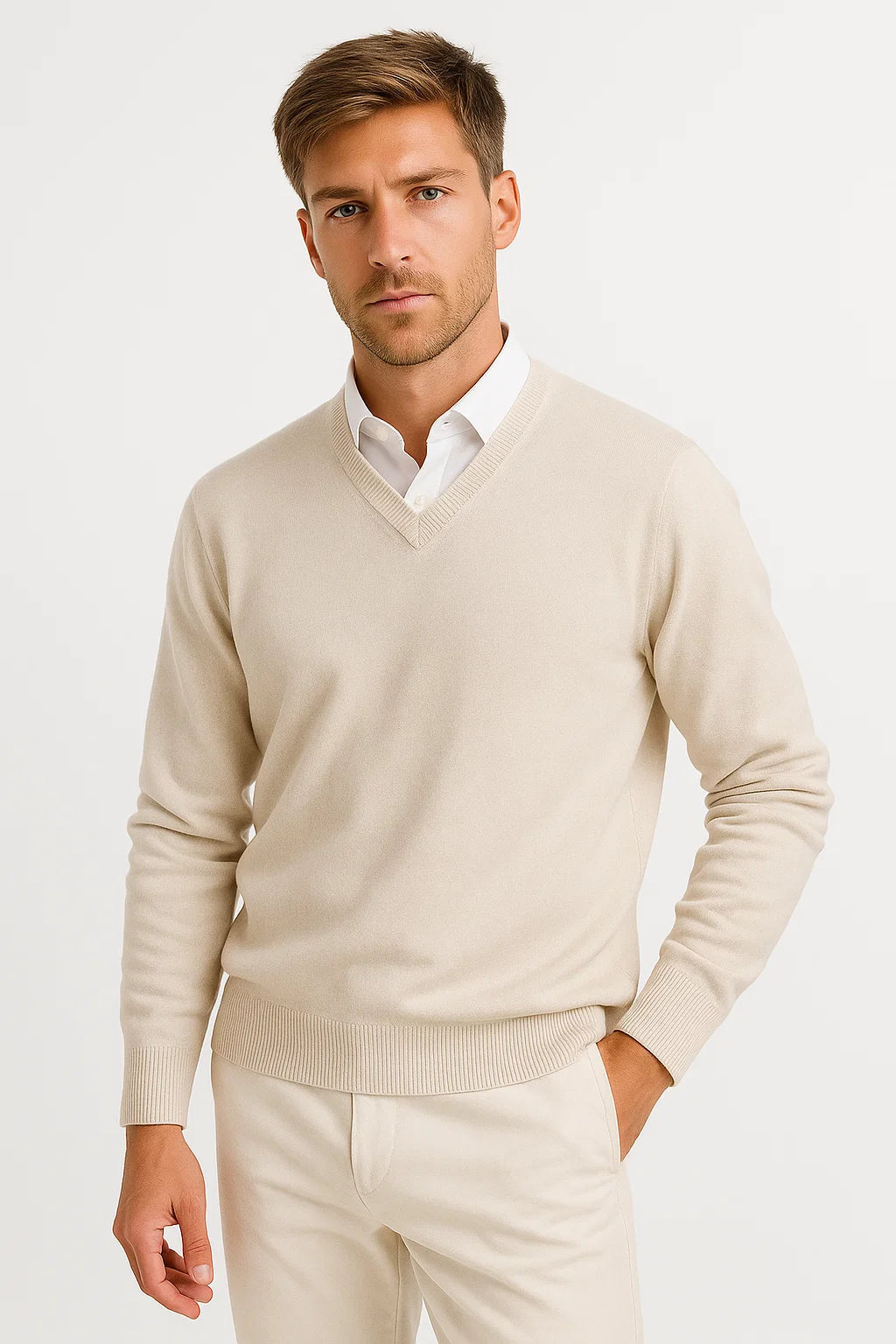 Mens Sweater Grey Wool-Polyester Blend V-Neck Lightweight Layering Ribbed Cuffs 1