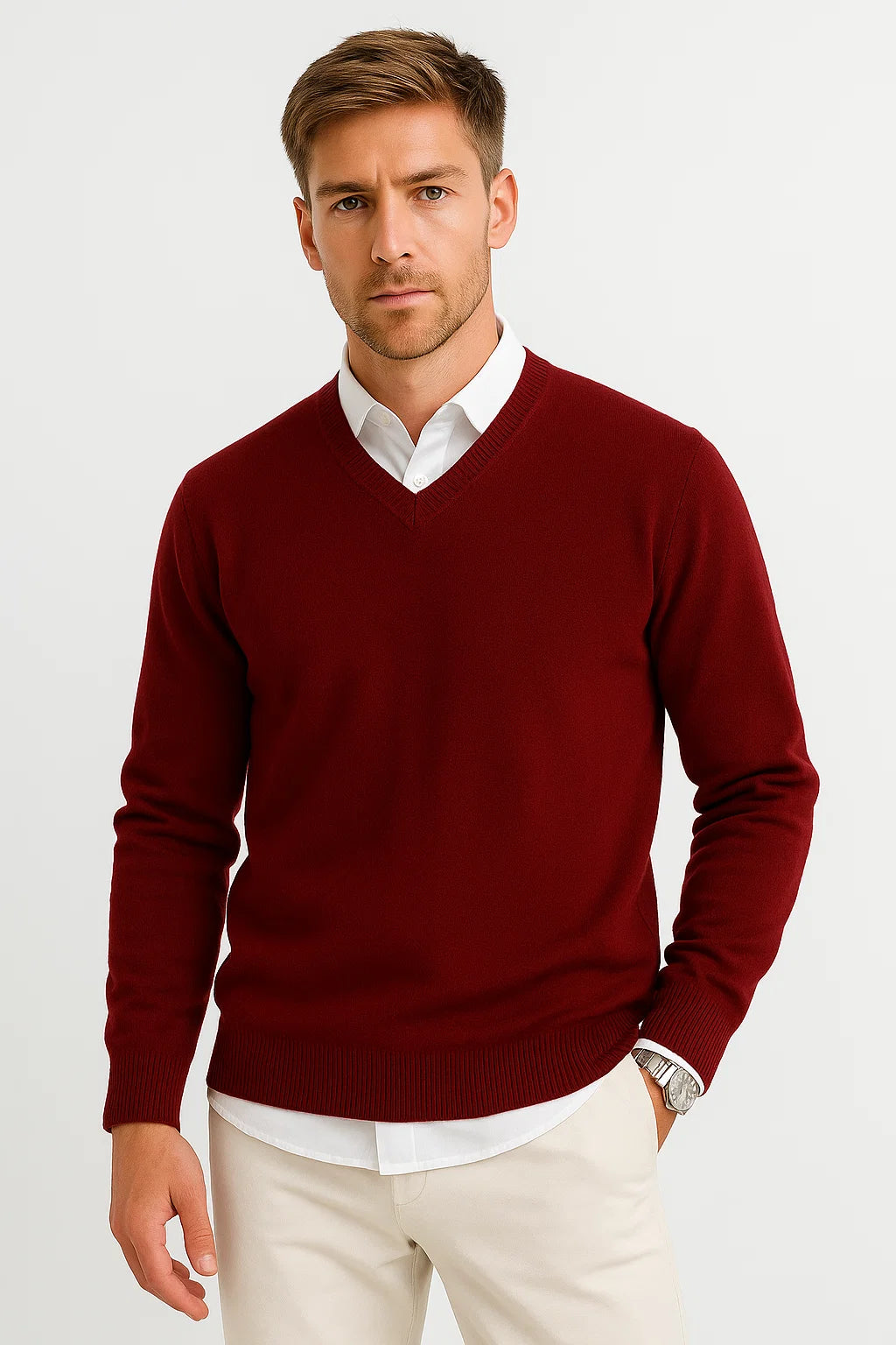 Mens Sweater Grey Wool-Polyester Blend V-Neck Lightweight Layering Ribbed Cuffs 3