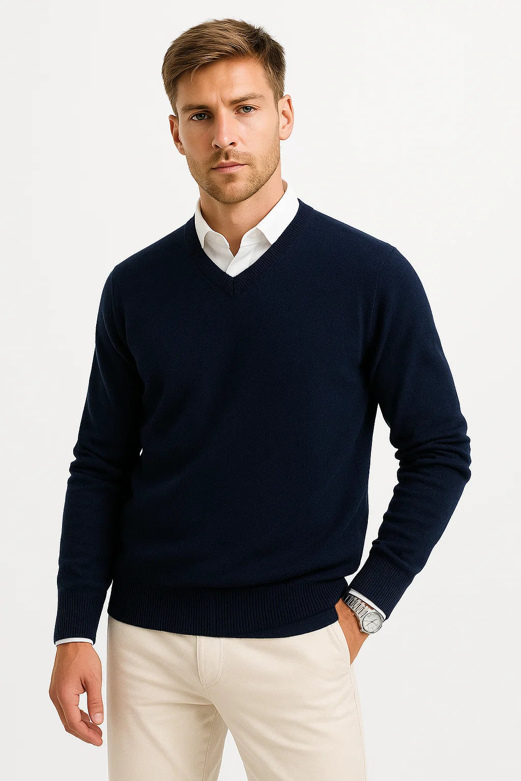 Mens Sweater Grey Wool-Polyester Blend V-Neck Lightweight Layering Ribbed Cuffs 4