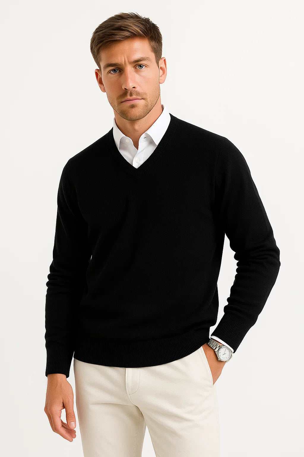 Mens Sweater Grey Wool-Polyester Blend V-Neck Lightweight Layering Ribbed Cuffs 5