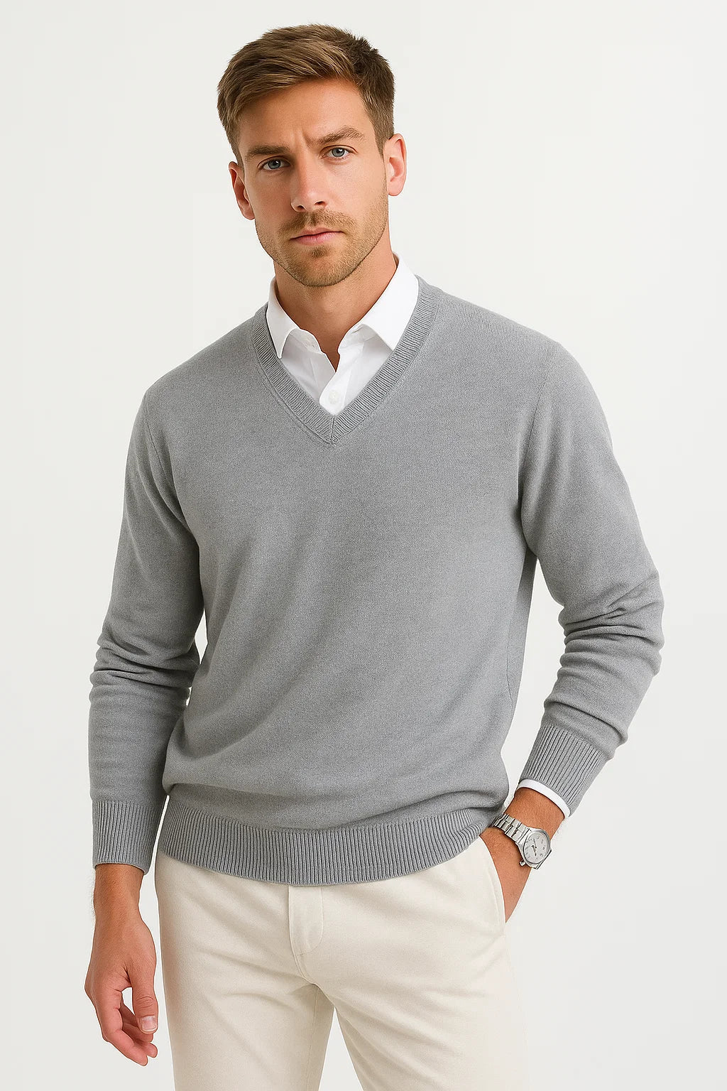 Mens Sweater Grey Wool-Polyester Blend V-Neck Lightweight Layering Ribbed Cuffs 6