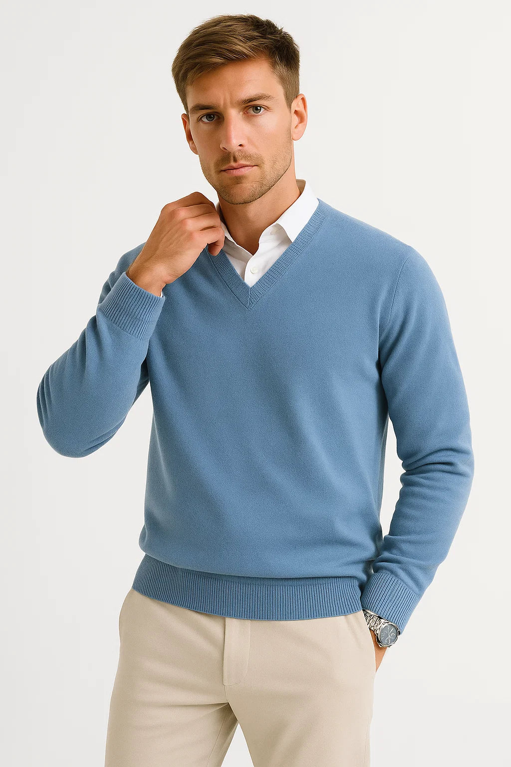 Mens Sweater Grey Wool-Polyester Blend V-Neck Lightweight Layering Ribbed Cuffs 7
