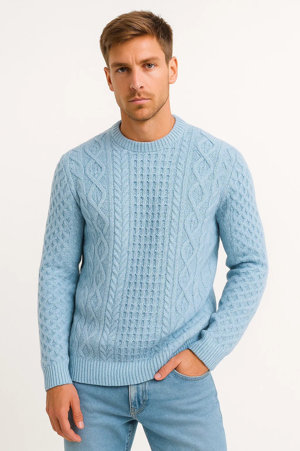 Mens Sweater Grey Wool Blend Slim Fit Cable Knit Casual Wear 3