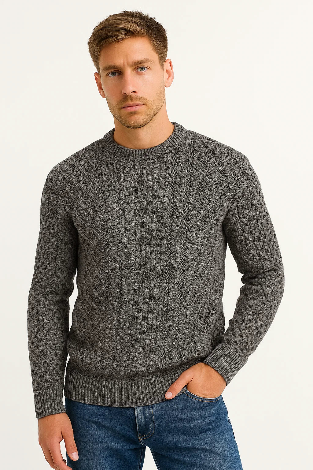 Mens Sweater Grey Wool Blend Slim Fit Cable Knit Casual Wear 4