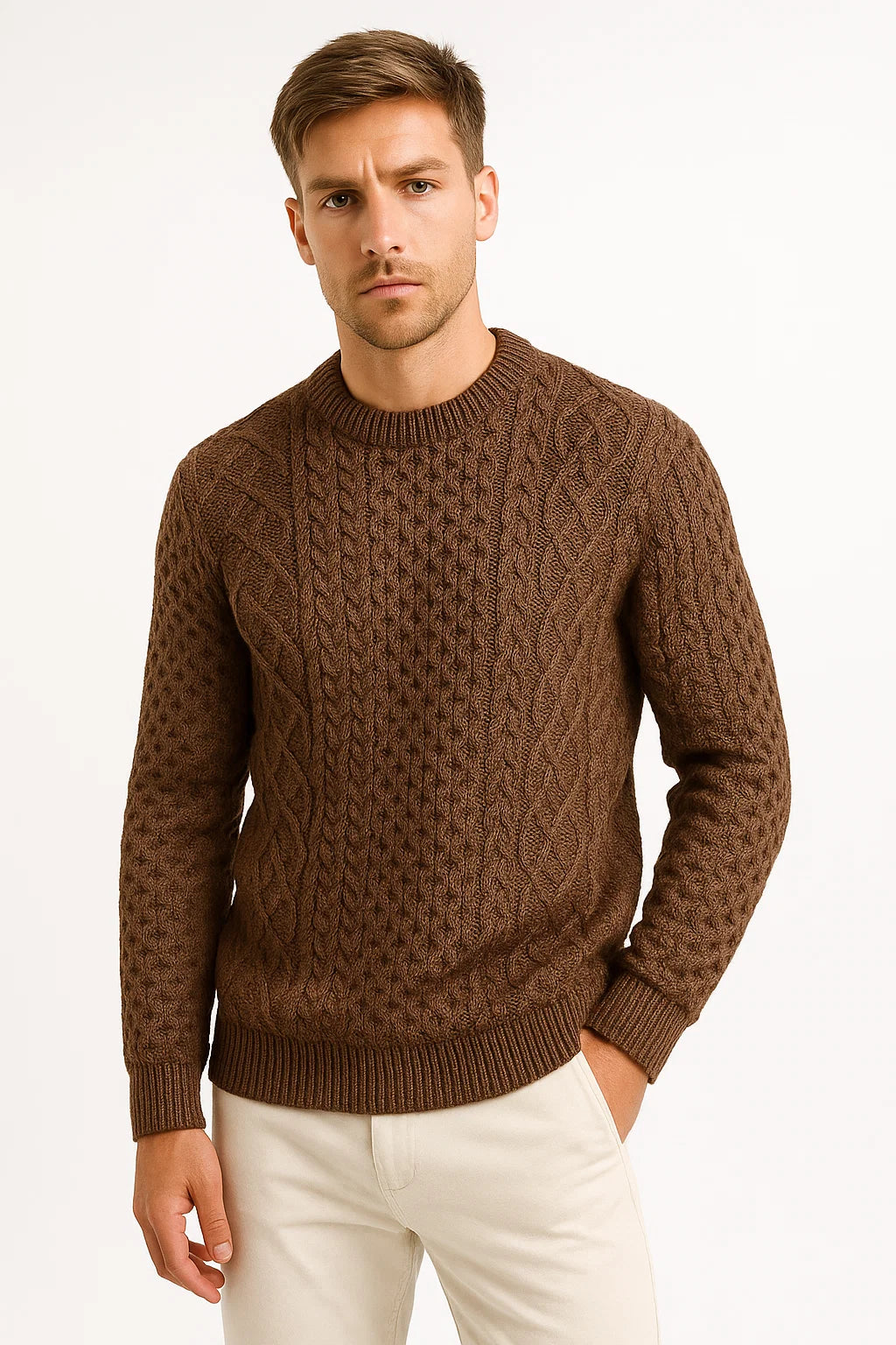 Mens Sweater Grey Wool Blend Slim Fit Cable Knit Casual Wear 5