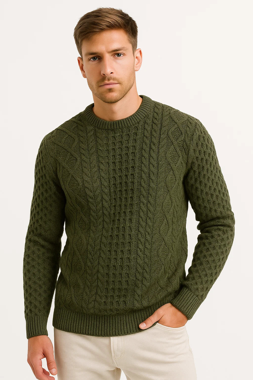 Mens Sweater Grey Wool Blend Slim Fit Cable Knit Casual Wear 6