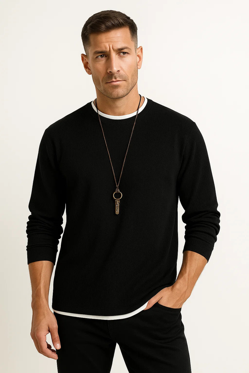 Mens Long Sleeve T-Shirt Stretchable Waffle Texture Crew Neck 1