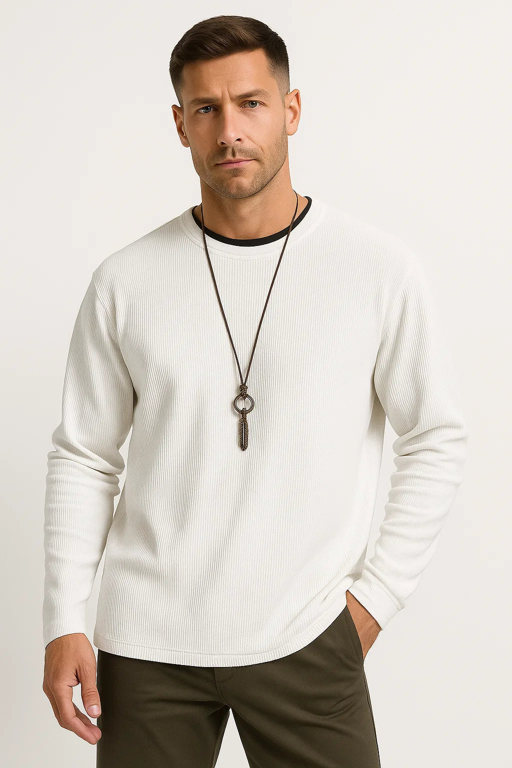 Mens Long Sleeve T-Shirt Stretchable Waffle Texture Crew Neck 2
