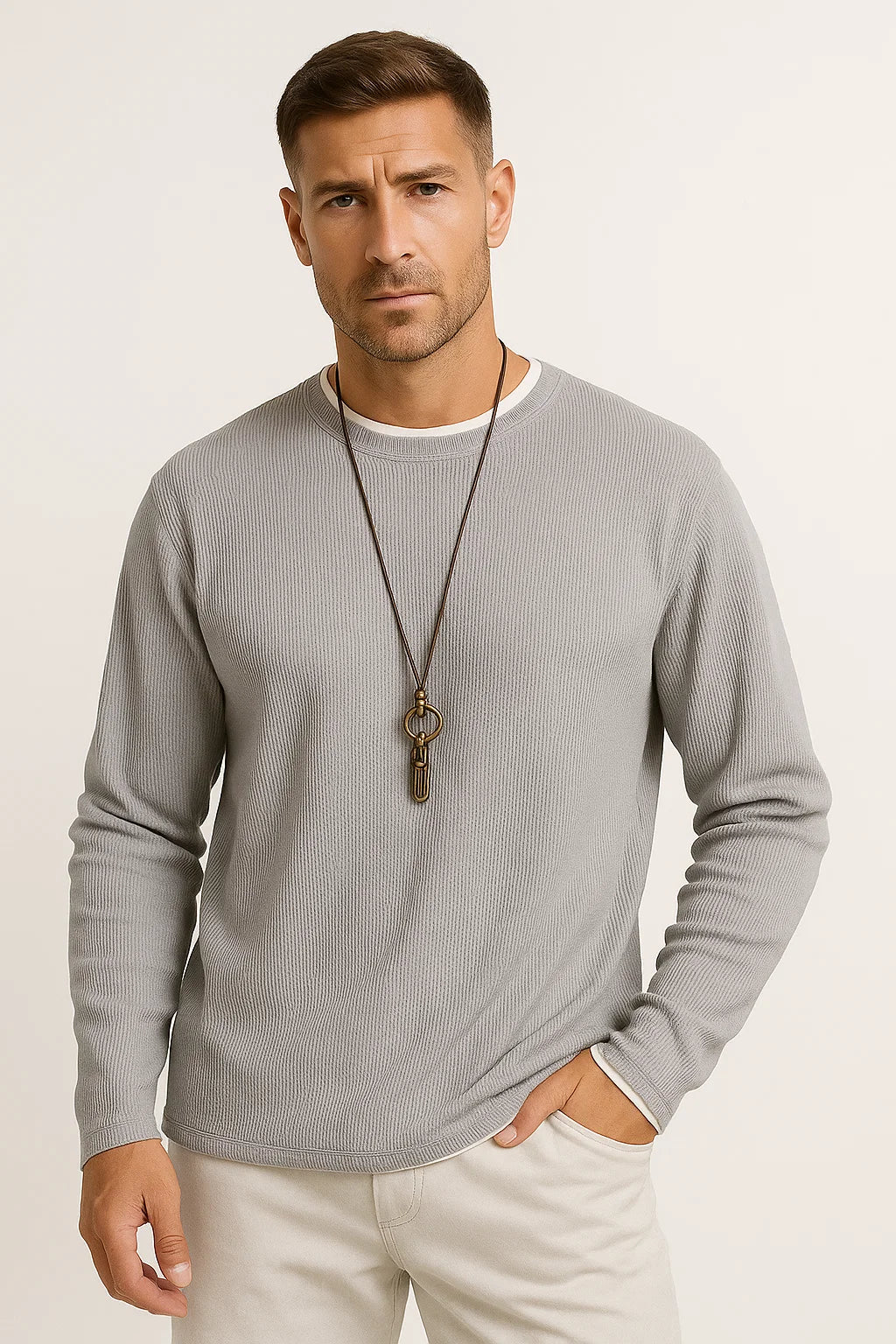 Mens Long Sleeve T-Shirt Stretchable Waffle Texture Crew Neck 3