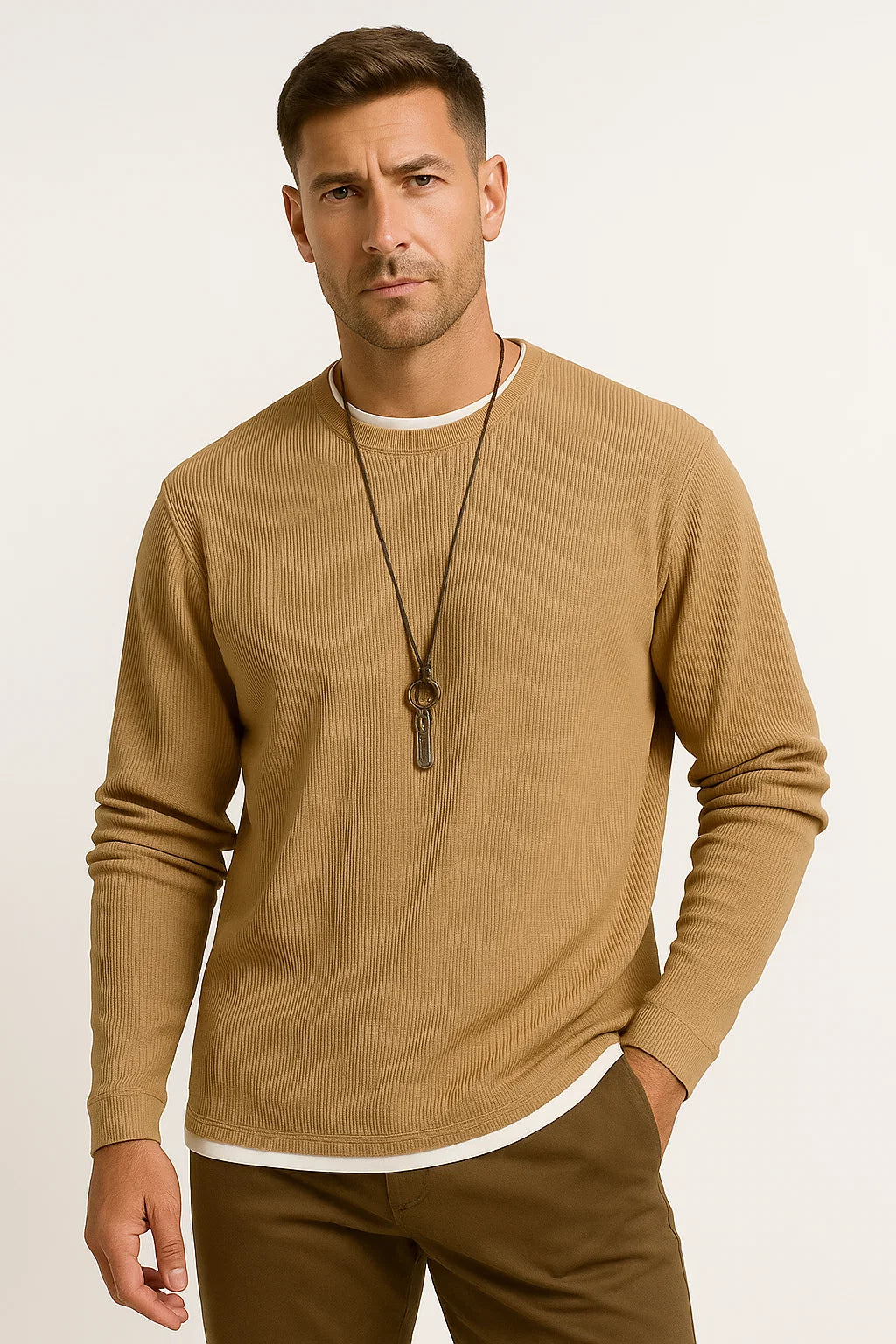 Mens Long Sleeve T-Shirt Stretchable Waffle Texture Crew Neck 4