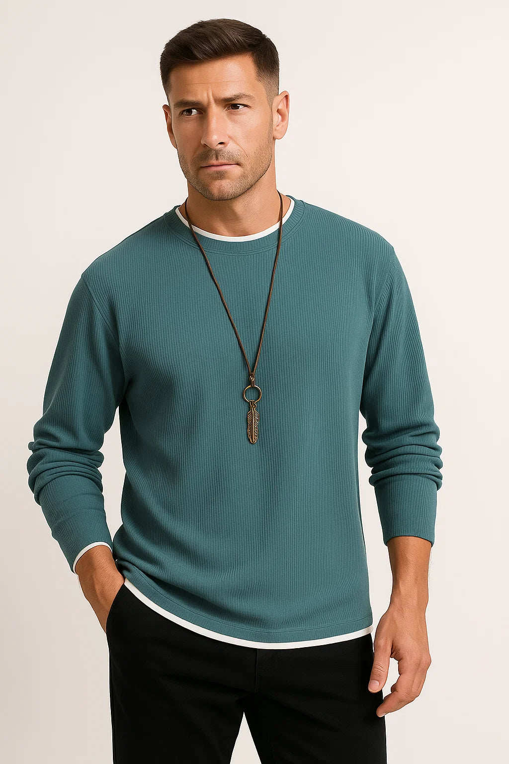Mens Long Sleeve T-Shirt Stretchable Waffle Texture Crew Neck 5