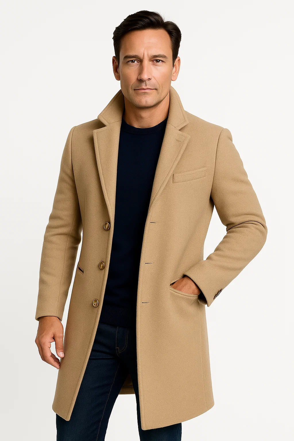 Mens Trench Coat Light Grey Tailored Mid-Length Button Front Notch Collar 3