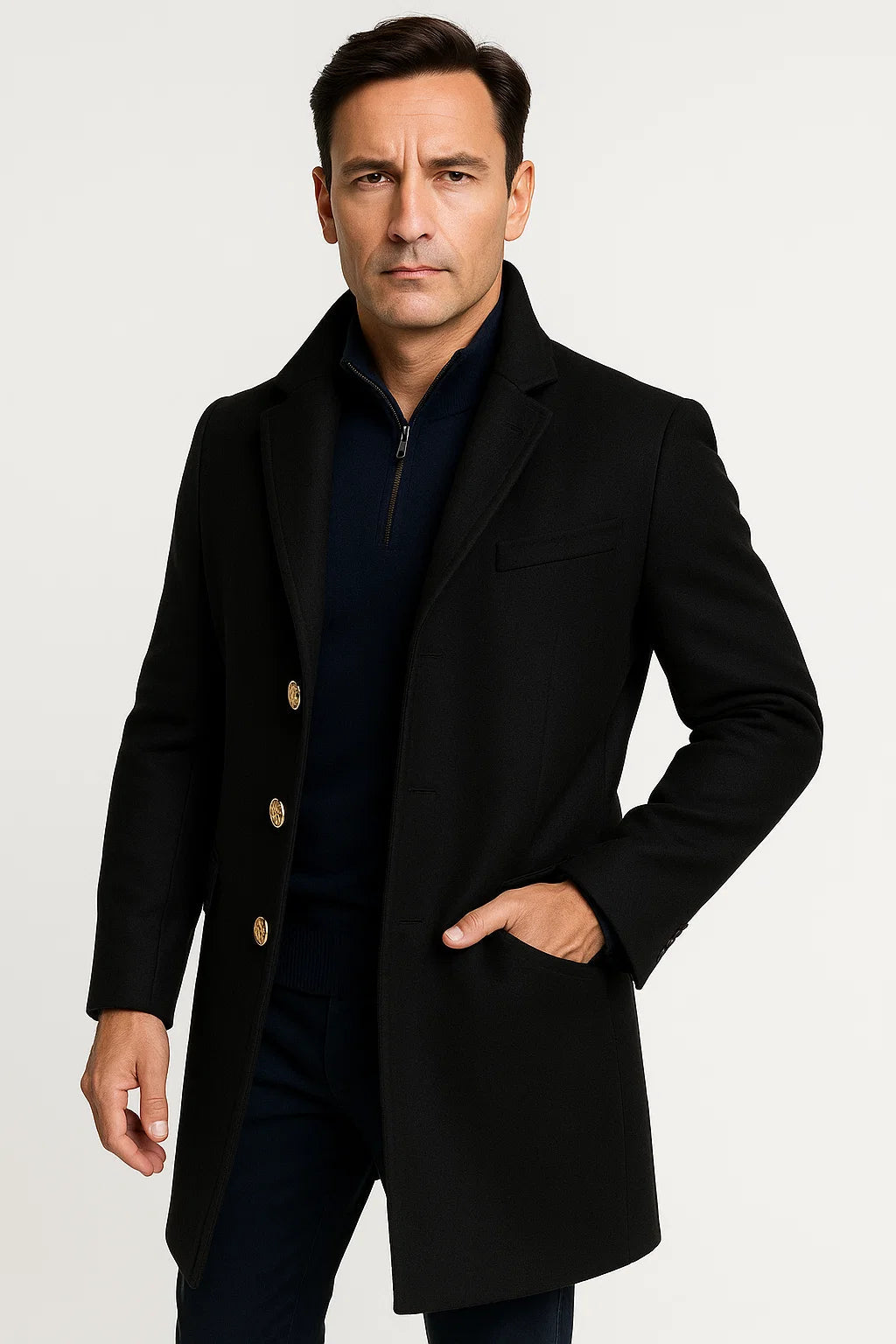 Mens Trench Coat Light Grey Tailored Mid-Length Button Front Notch Collar 4