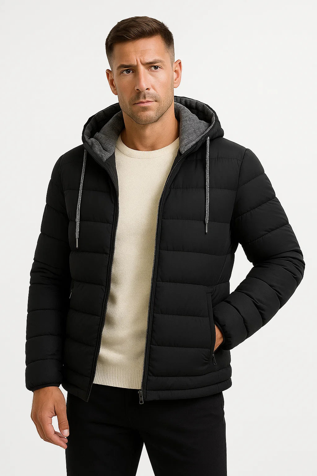 Mens Winter Jacket Lightweight Insulated with Zipper Hood Adjustable Drawstring 3