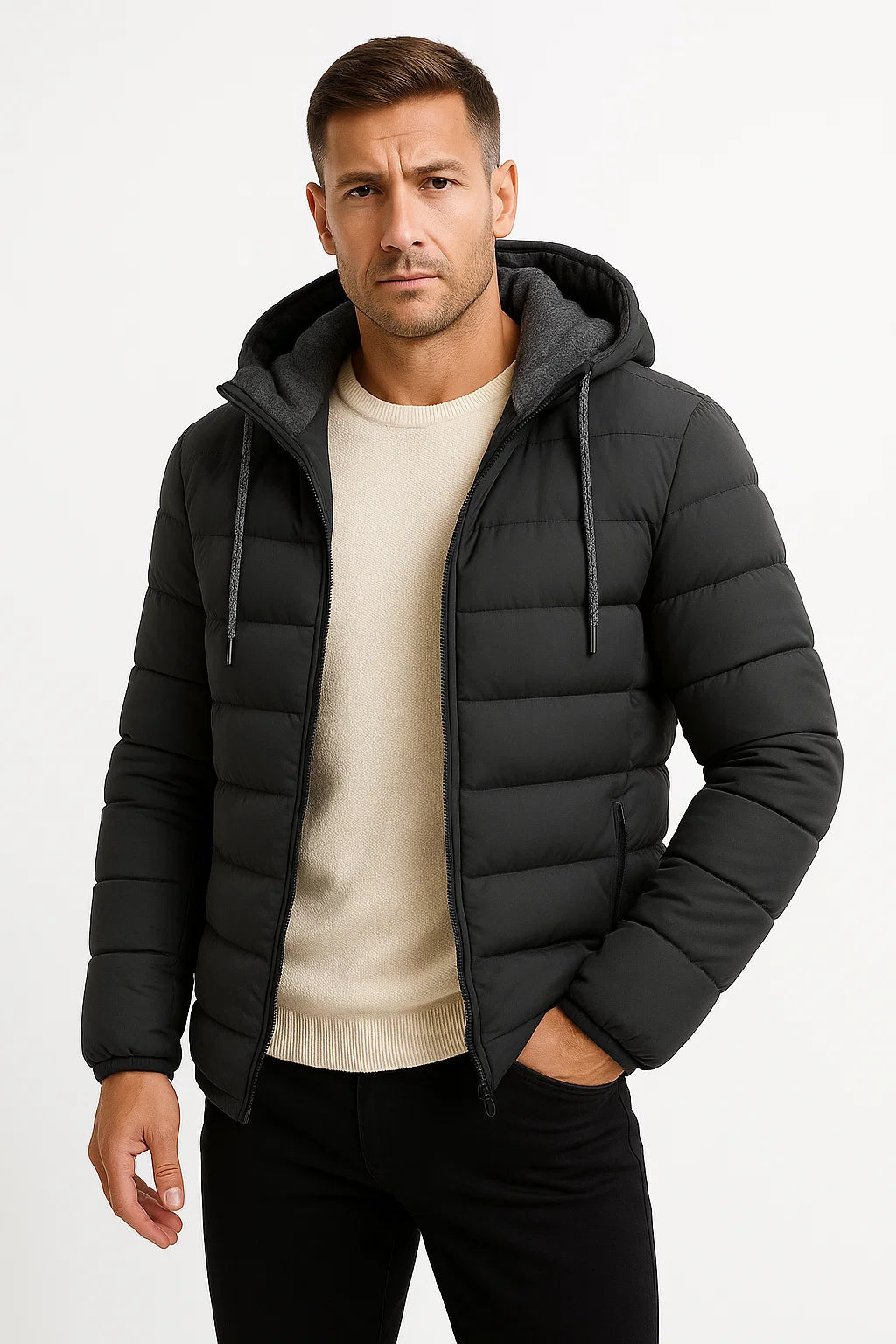 Mens Winter Jacket Lightweight Insulated with Zipper Hood Adjustable Drawstring 4