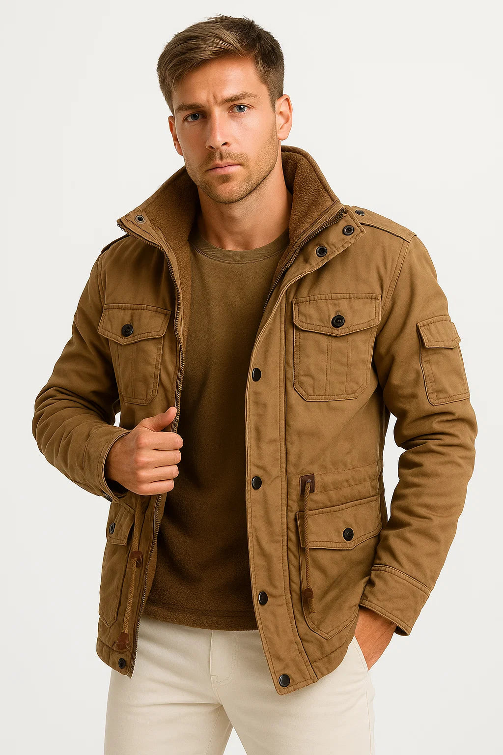 Mens Winter Jacket Army Green Fleece Thermal Hooded Jacket Casual Outdoor Jacket 1