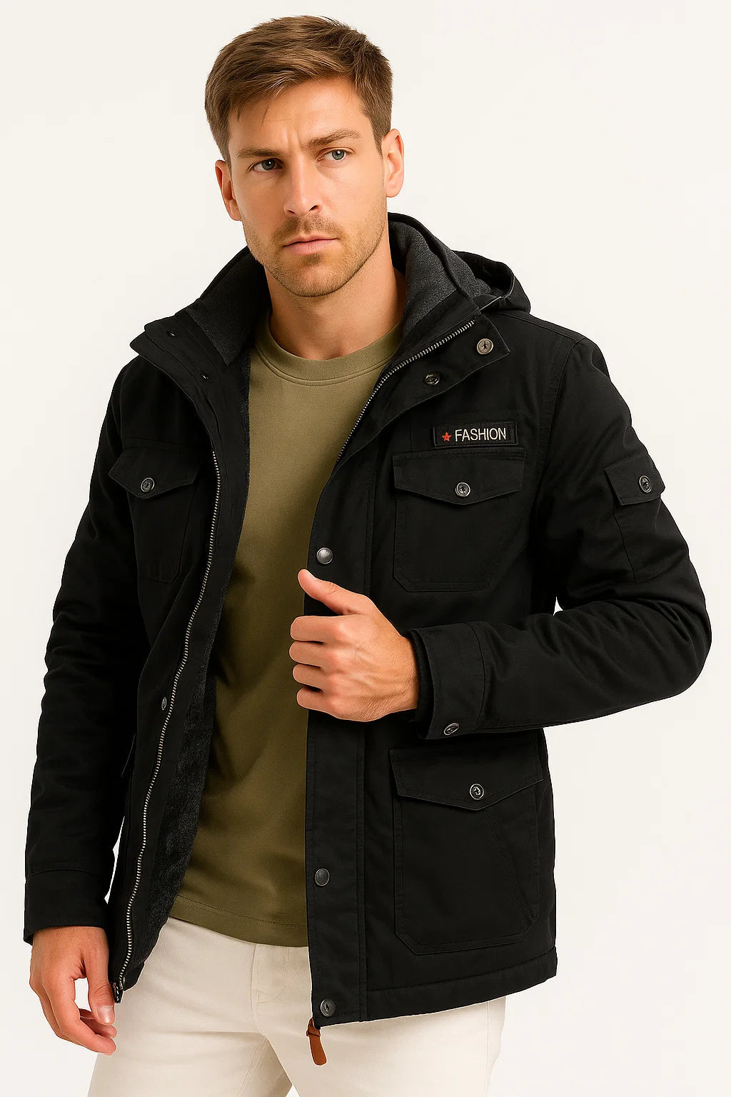 Mens Winter Jacket Army Green Fleece Thermal Hooded Jacket Casual Outdoor Jacket 3
