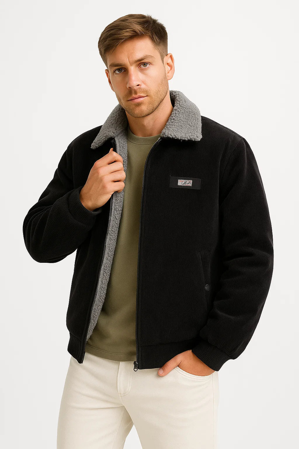 Mens Winter Jacket Grey Fleece Lined Ribbed High Collar Comfortable Stylish 2