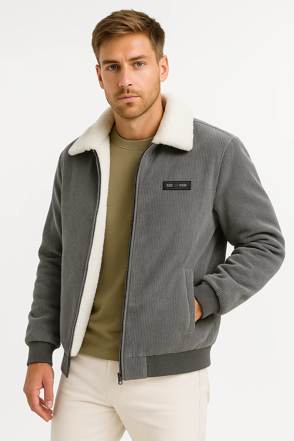 Mens Winter Jacket Grey Fleece Lined Ribbed High Collar Comfortable Stylish 3