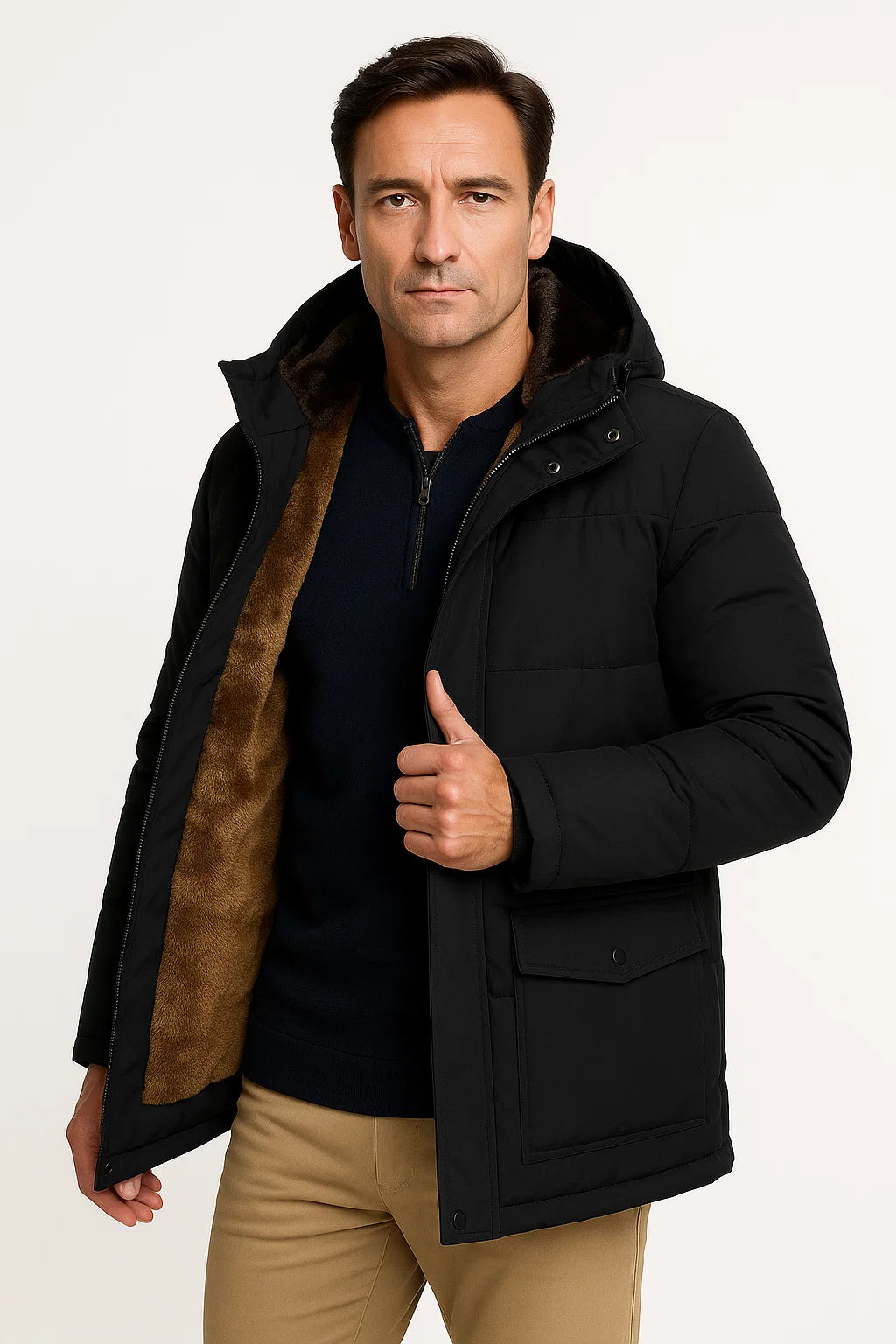 Mens Winter Jacket Black Lambswool Oversized Hooded Thick Padded Jacket 1