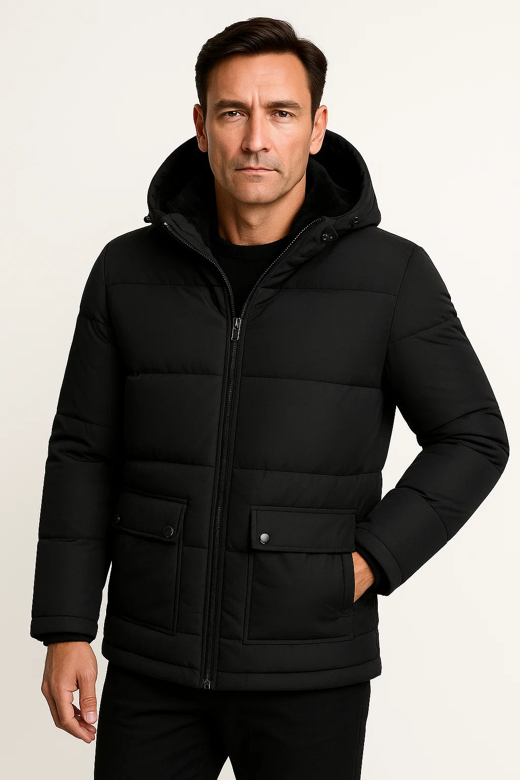 Mens Winter Jacket Black Lambswool Oversized Hooded Thick Padded Jacket 2