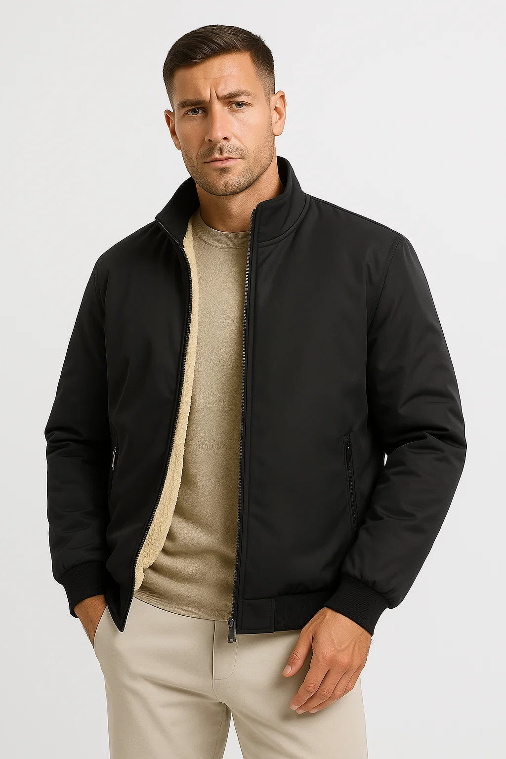 Mens Casual Fleece Jacket Polyester Zip-Up Stand Collar Bomber 1