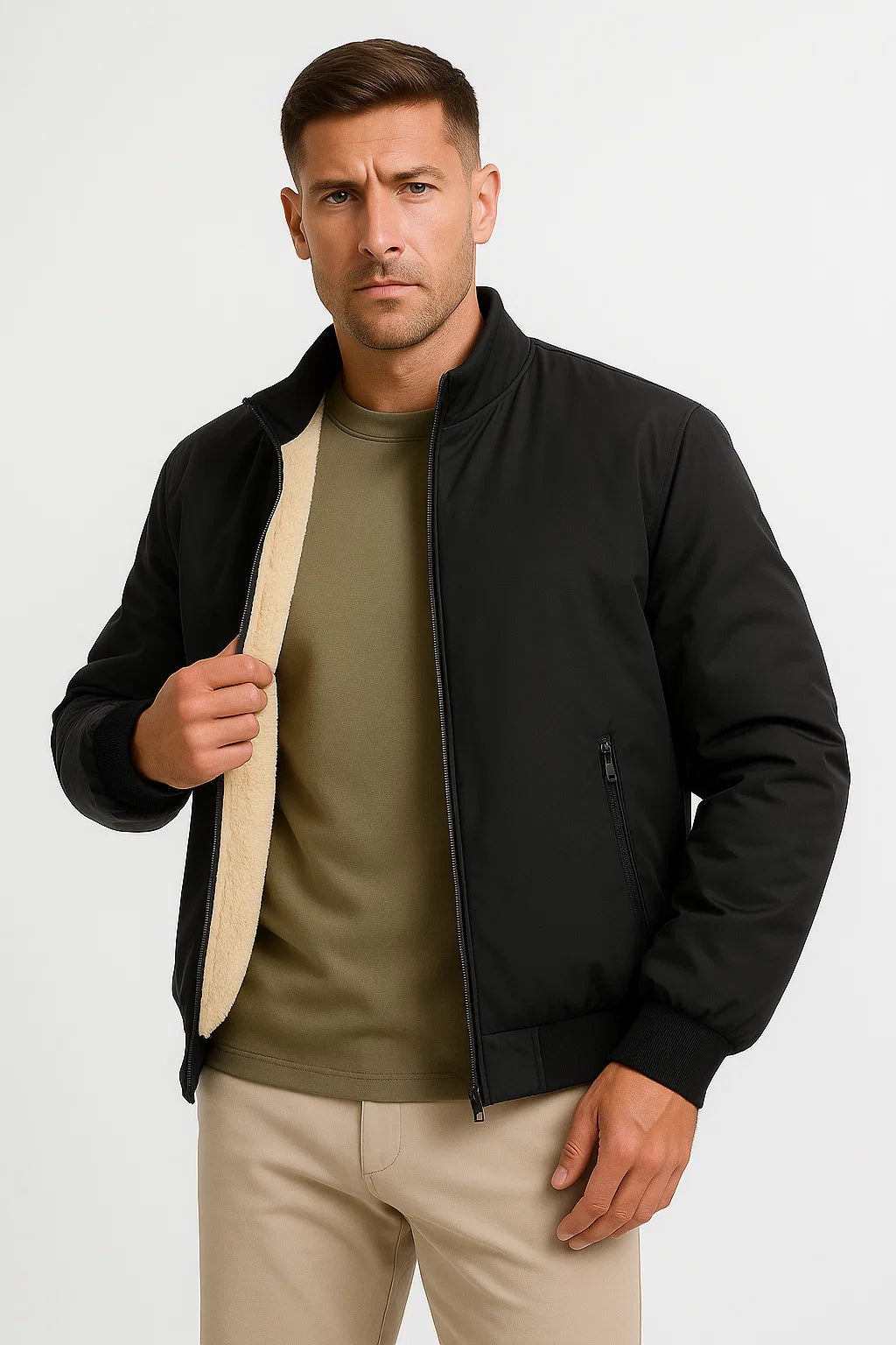 Mens Casual Fleece Jacket Polyester Zip-Up Stand Collar Bomber 2