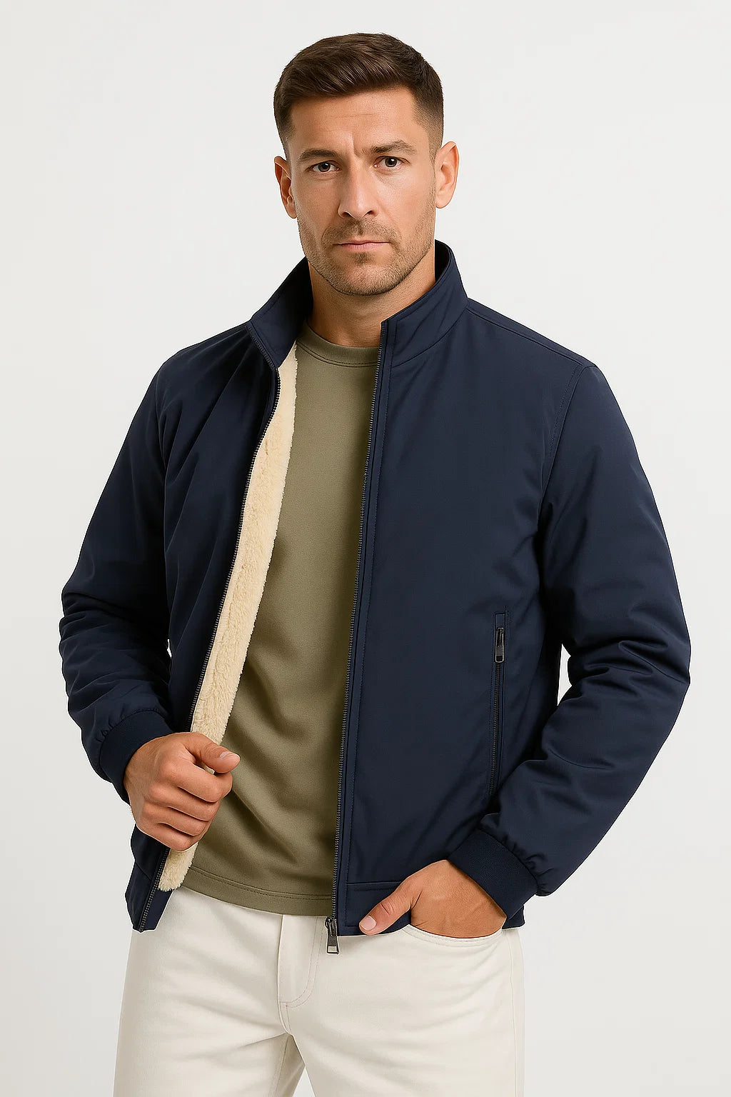 Mens Casual Fleece Jacket Polyester Zip-Up Stand Collar Bomber 3