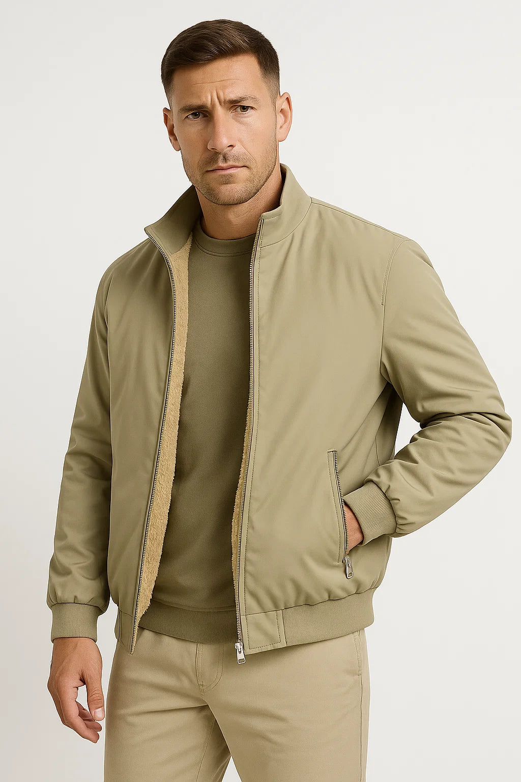 Mens Casual Fleece Jacket Polyester Zip-Up Stand Collar Bomber 4