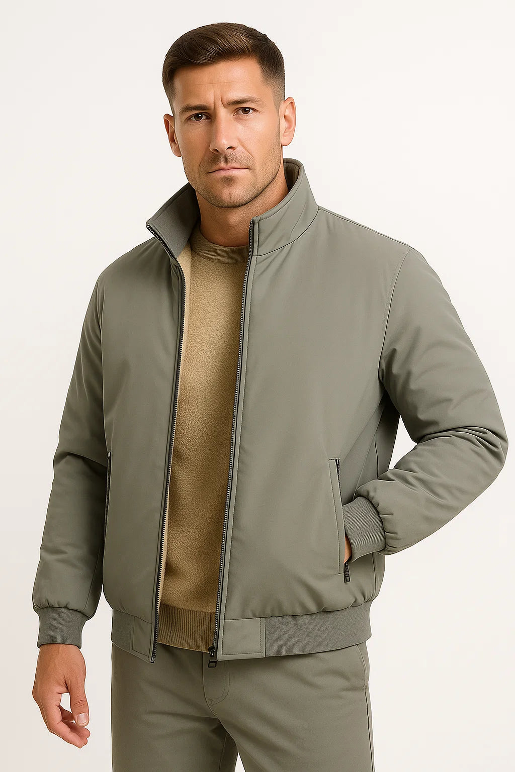 Mens Casual Fleece Jacket Polyester Zip-Up Stand Collar Bomber 5