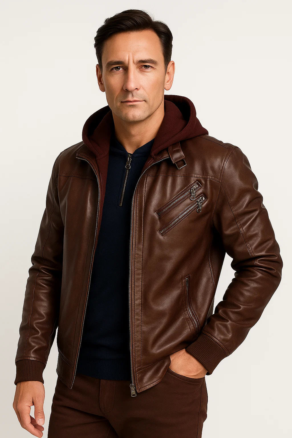 Mens Winter Jacket Waterproof Black PU Leather Removable Hood Casual Stylish 1